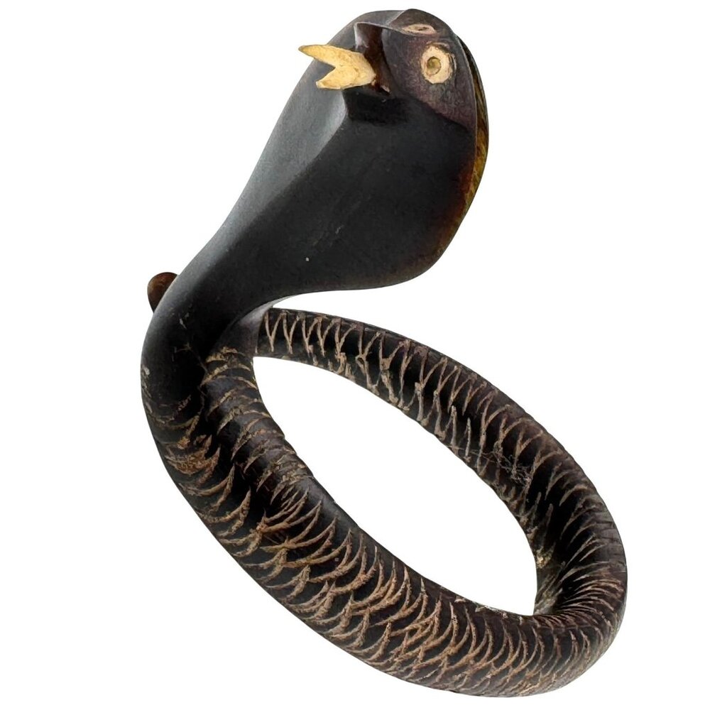 Hand-Carved Cobra Figurine Horn Vintage Primative Ceylon Unique Snake